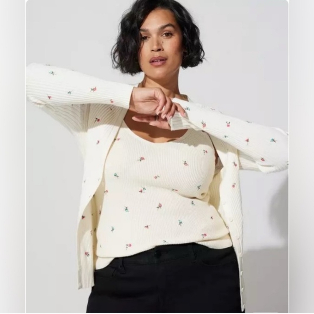 Torrid Women’s Cardigan Sweater V-Neck White Ribbed Embroidered Floral Size 4XL